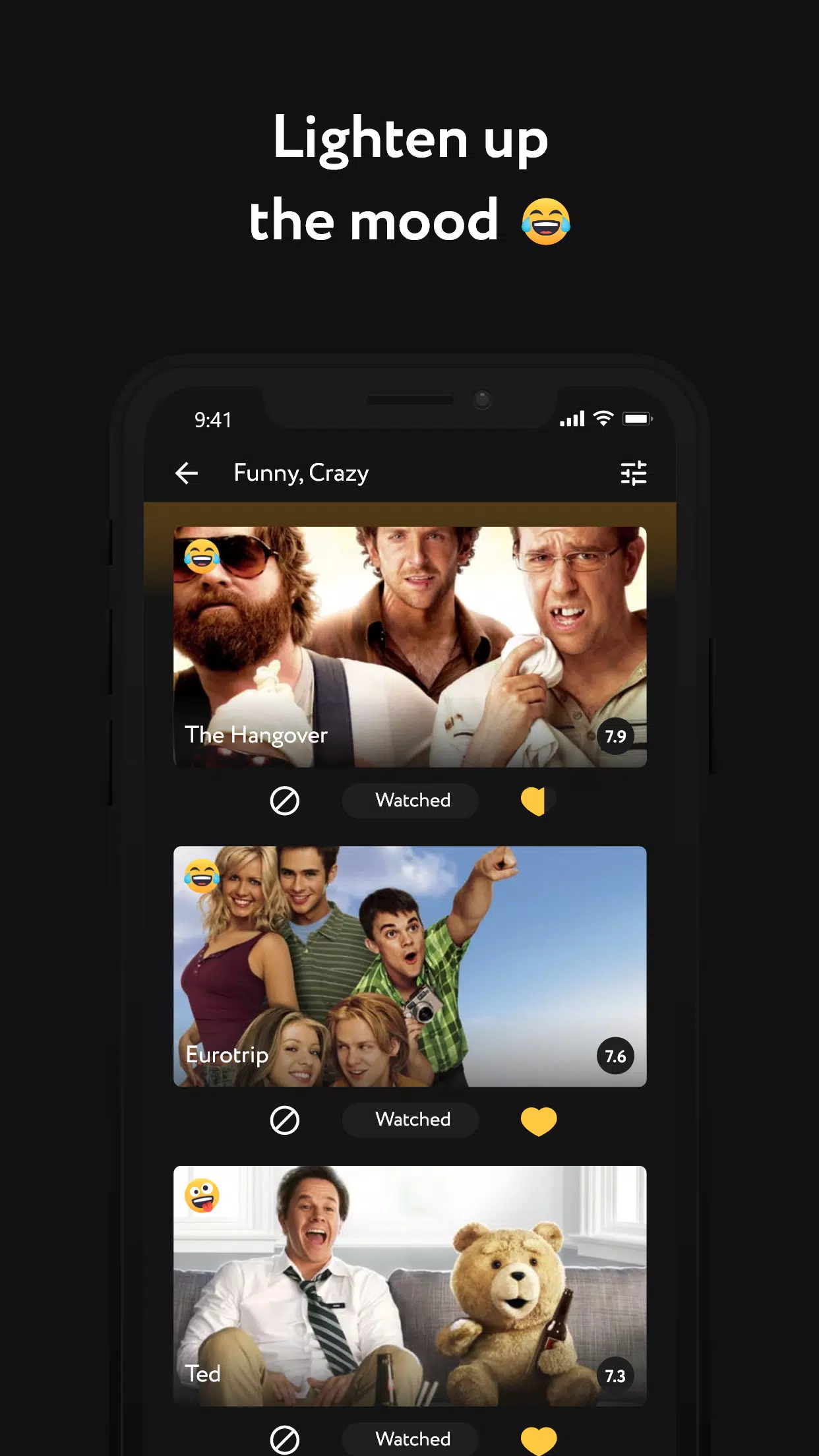 Emovi product screen: Funny and light movie recommendations