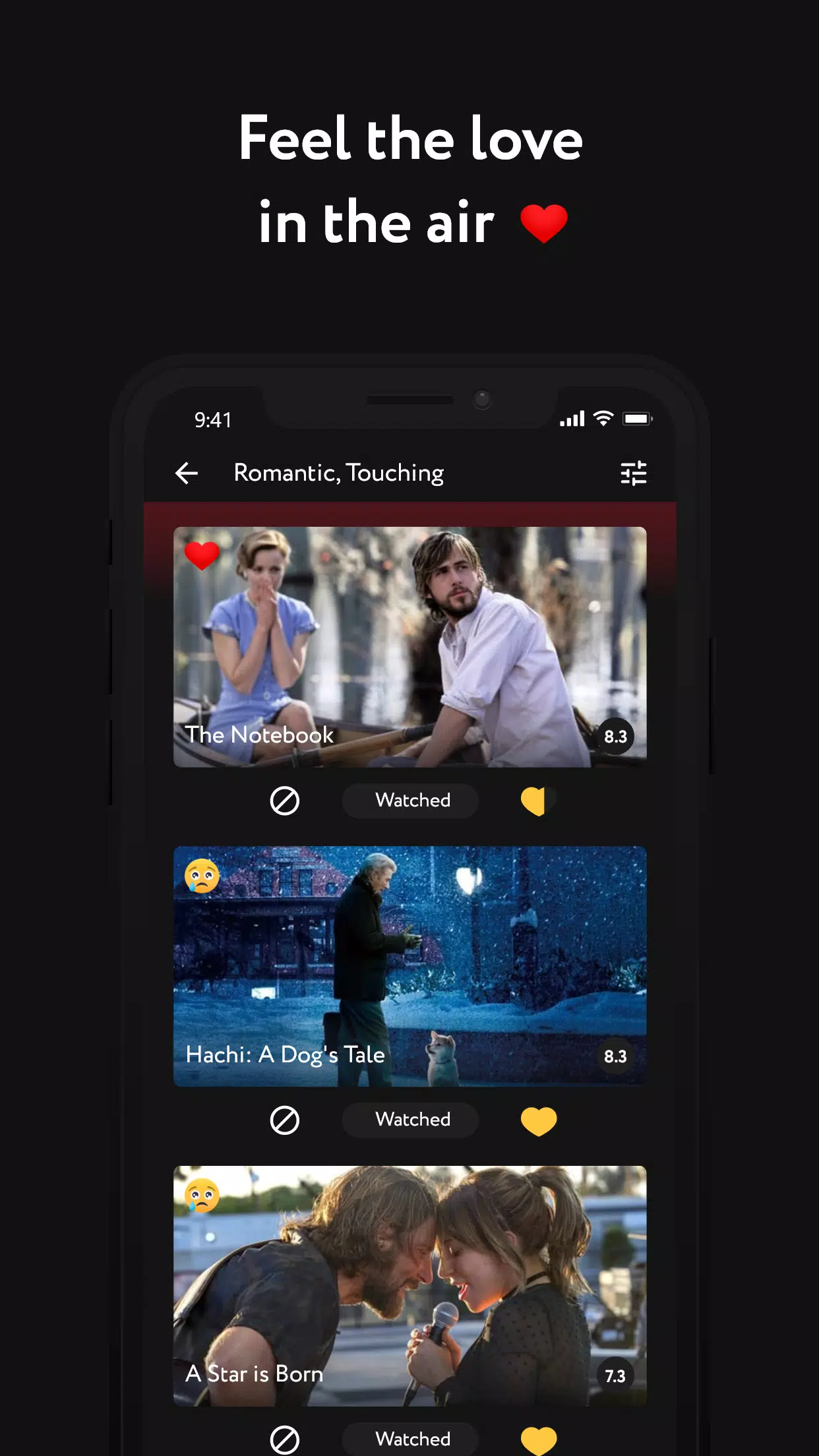 Emovi product screen: Romantic and touching movie recommendations